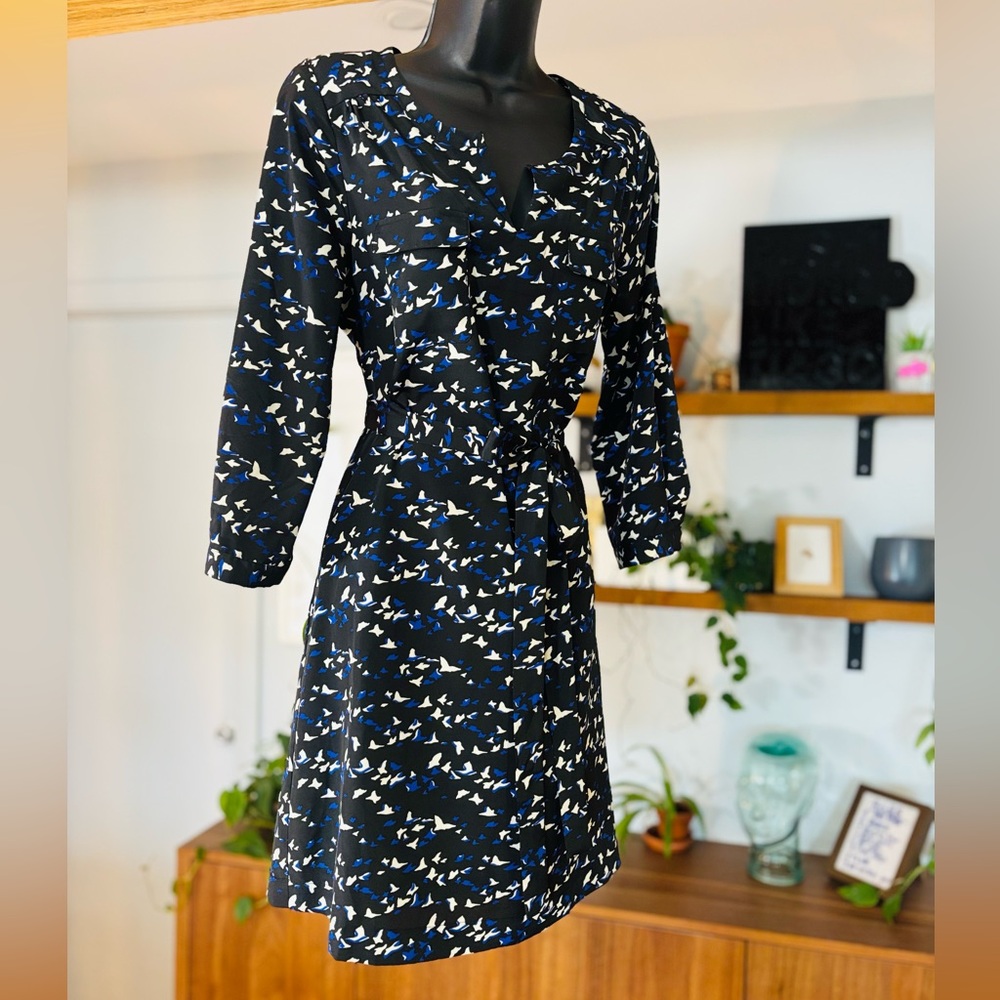Daniel Rainn-Navy, Blue and White Bird Patterned Dress with pockets